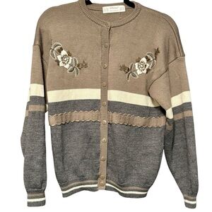 St Michael Made in UK Wool Floral Embroidery Chunky Knit Cardigan Sweater